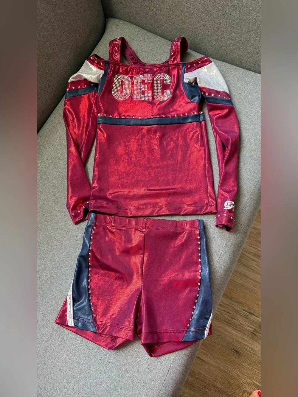 GK Elite OEC Cheerleading Uniform Set Child Large Red Metallic Rhinestone Cheer